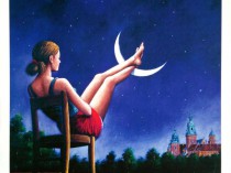 A woman with legs on the moon and Wawel Castle, 2018