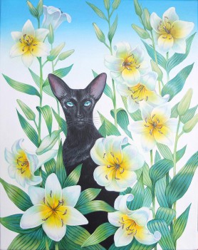 Oriental cat in lilies, 2021