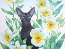 Oriental cat in lilies, 2021