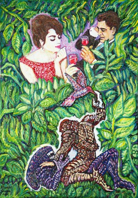 He gives a toast and a hummingbird urges Predator to hug the alien, 2016