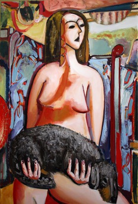 Composition with a girl, a dachshund and fabrics, 2016